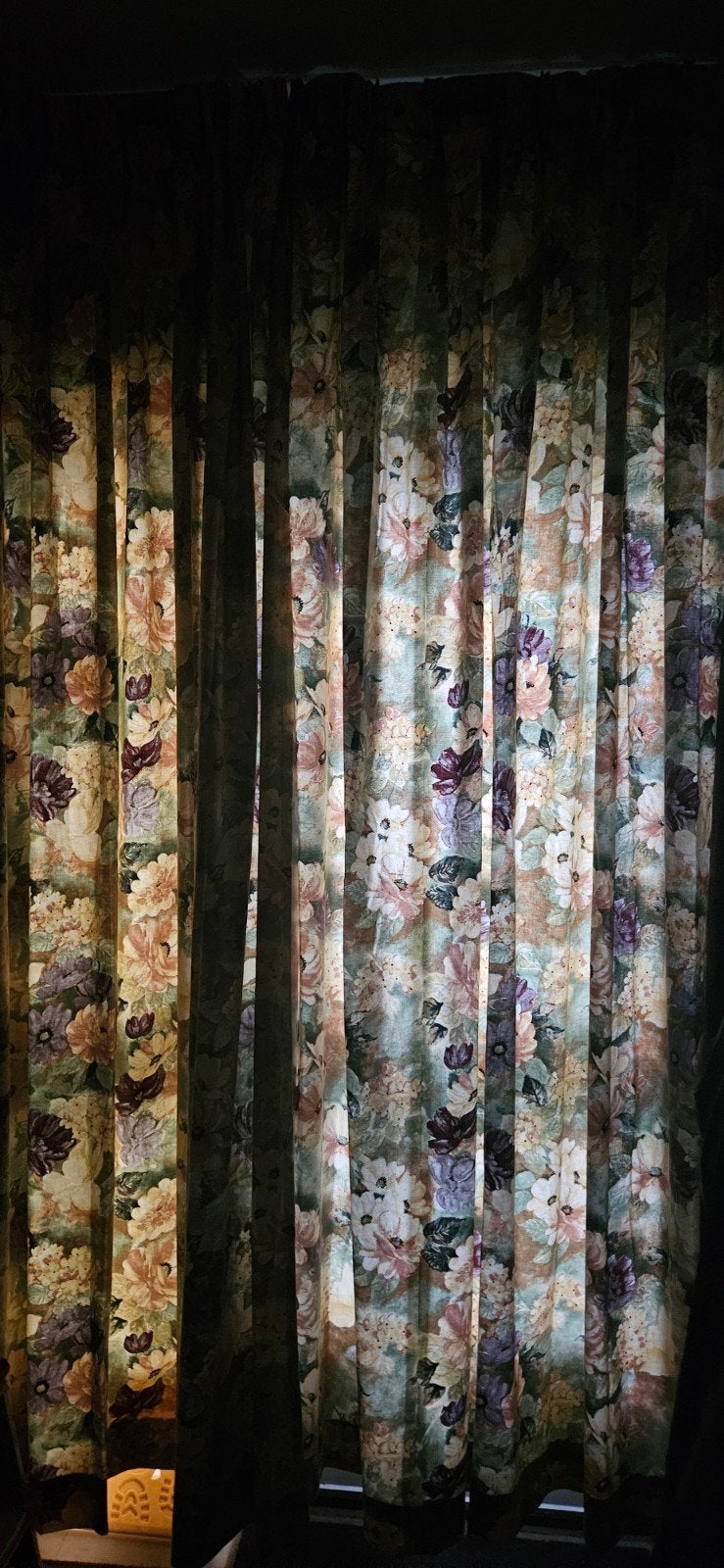 gordijnen lang mooie bloemenafbeelding & ophanghaken vintage, Ophalen, Gebruikt, Gordijn, Met haken