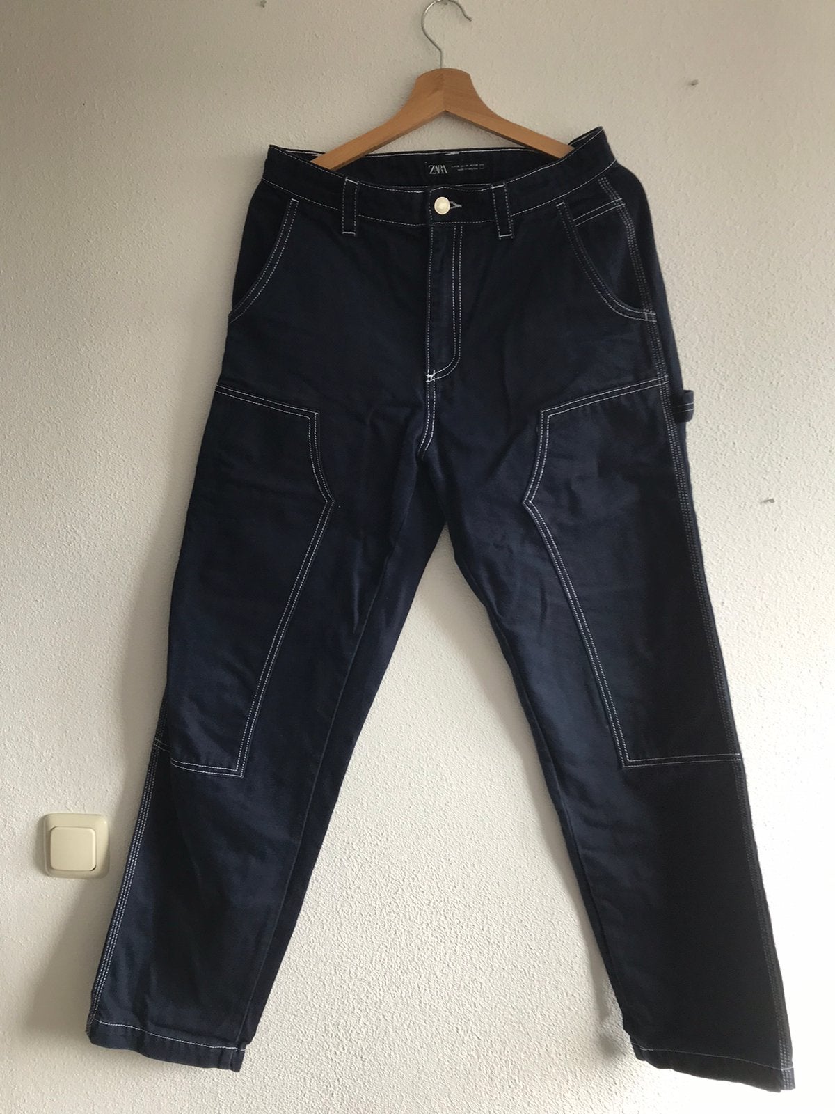Carpenter jeans donkerblauw stiksels heren Zara maat EUR 38, Ophalen of Verzenden, Zo goed als nieuw, Blauw, Overige jeansmaten