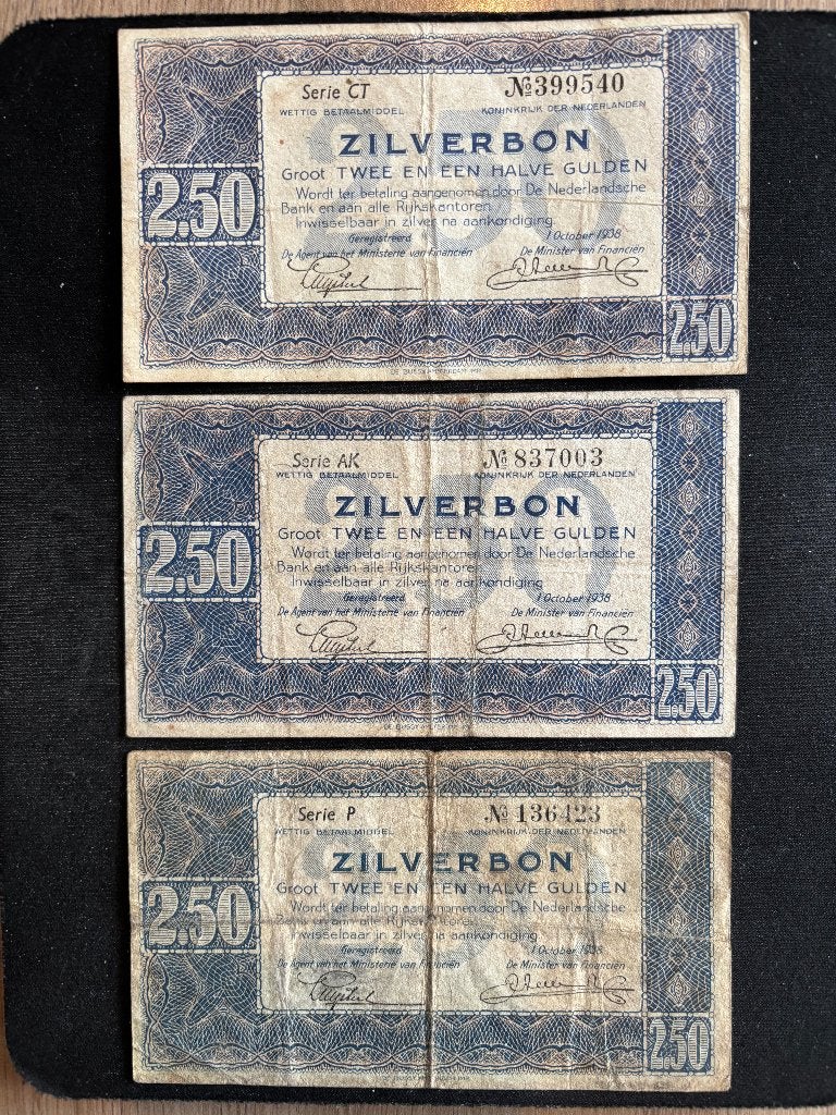 Mooie Set van 3x Zilverbon 2,50 Gulden 1938, Postzegels en Munten, Verzenden, 2½ gulden, Setje