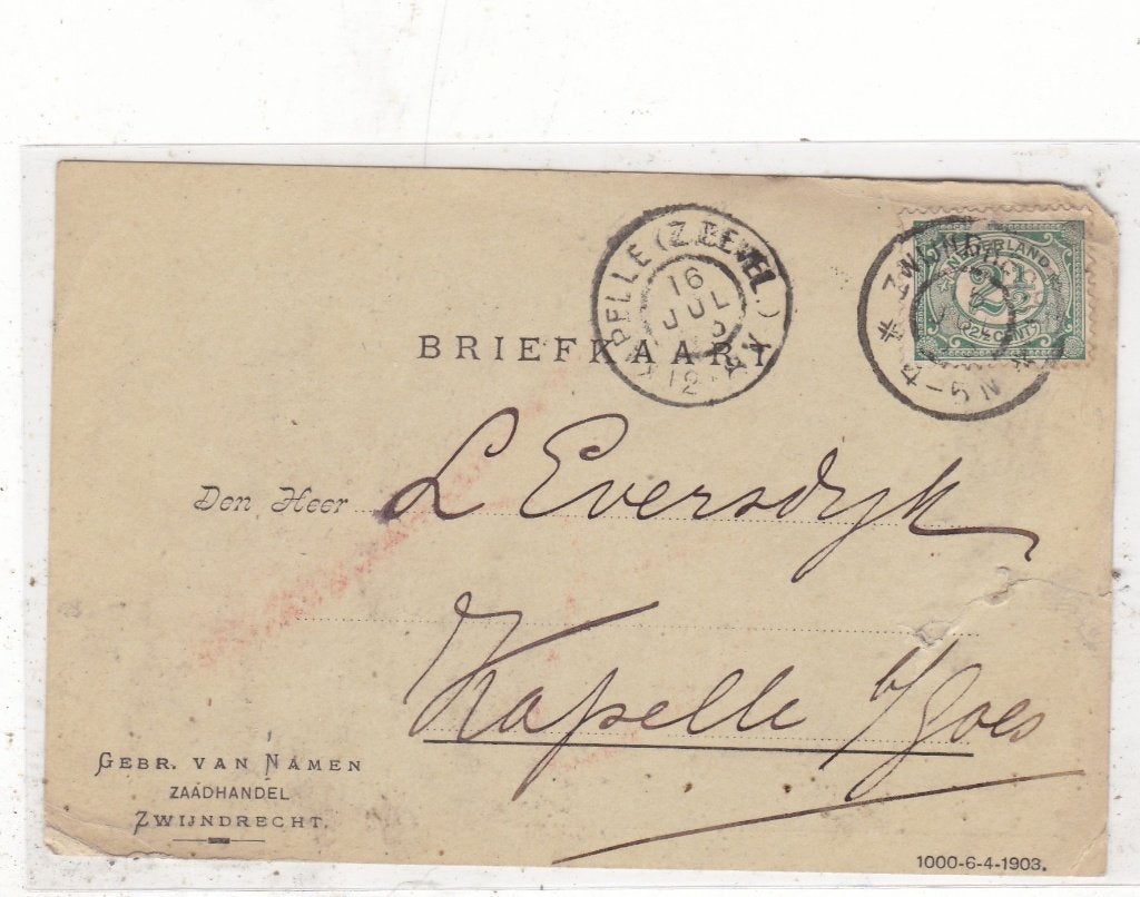 Zwijndrecht-Briefkaart Gebr. van Namen 1903, Ophalen of Verzenden, Voor 1920, Gelopen, Zuid-Holland