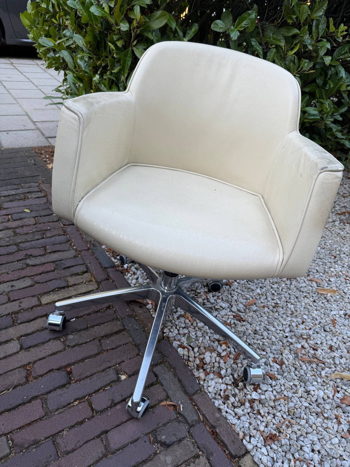 Design Bureaustoel - Crème Zacht Leder, Hoogte Verstelbaar, Huis en Inrichting, Bureaustoelen, Ophalen, Gebruikt, Beige, Bureaustoel