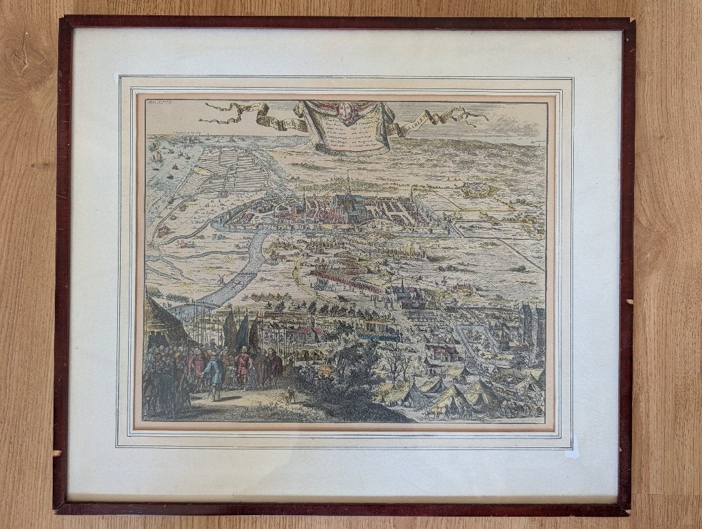 Handgekleurde ets Coenraet Decker - Het beleg van Haarlem, Antiek en Kunst, Ophalen, Met tekst, Militair, 1600 - 1699