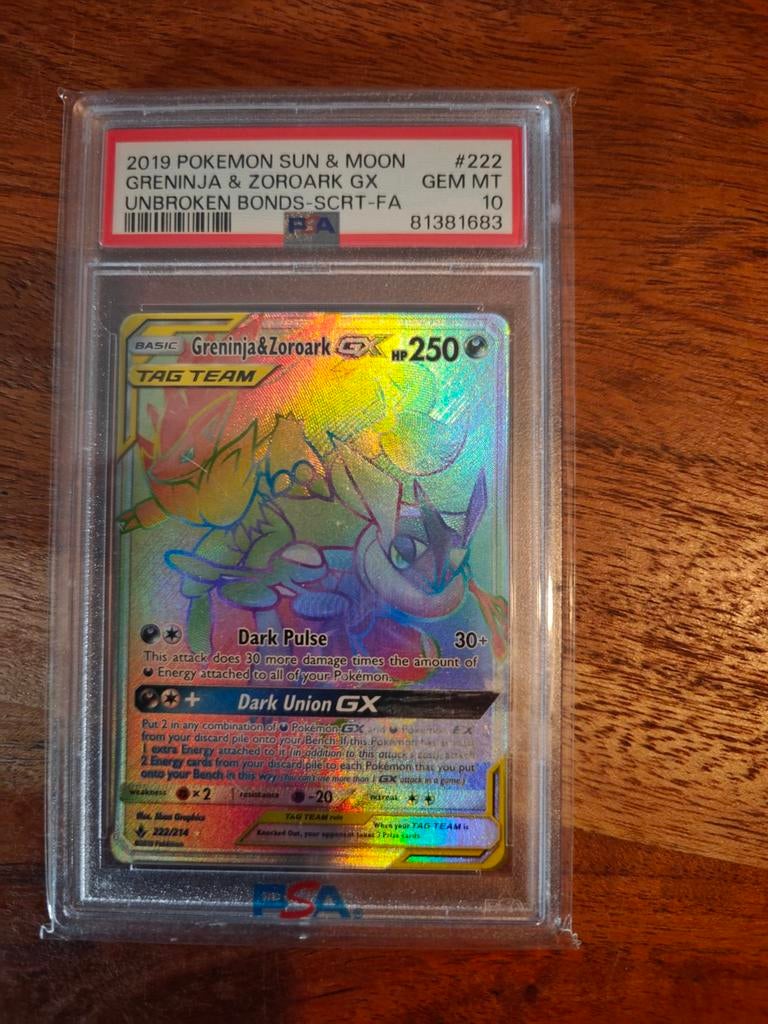 Greninja & Zoroark GX 222 PSA 10, Ophalen of Verzenden, Nieuw, Losse kaart, Foil