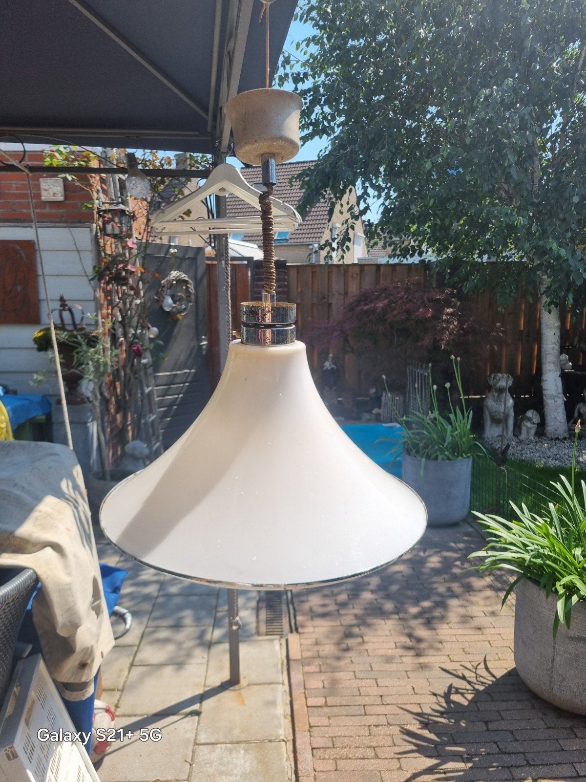 Vintage Hanglamp Chroom met Melkglas - Jaren '70 Stijl, Ophalen, Gebruikt, Glas, Vintage, Retro, Jaren '70