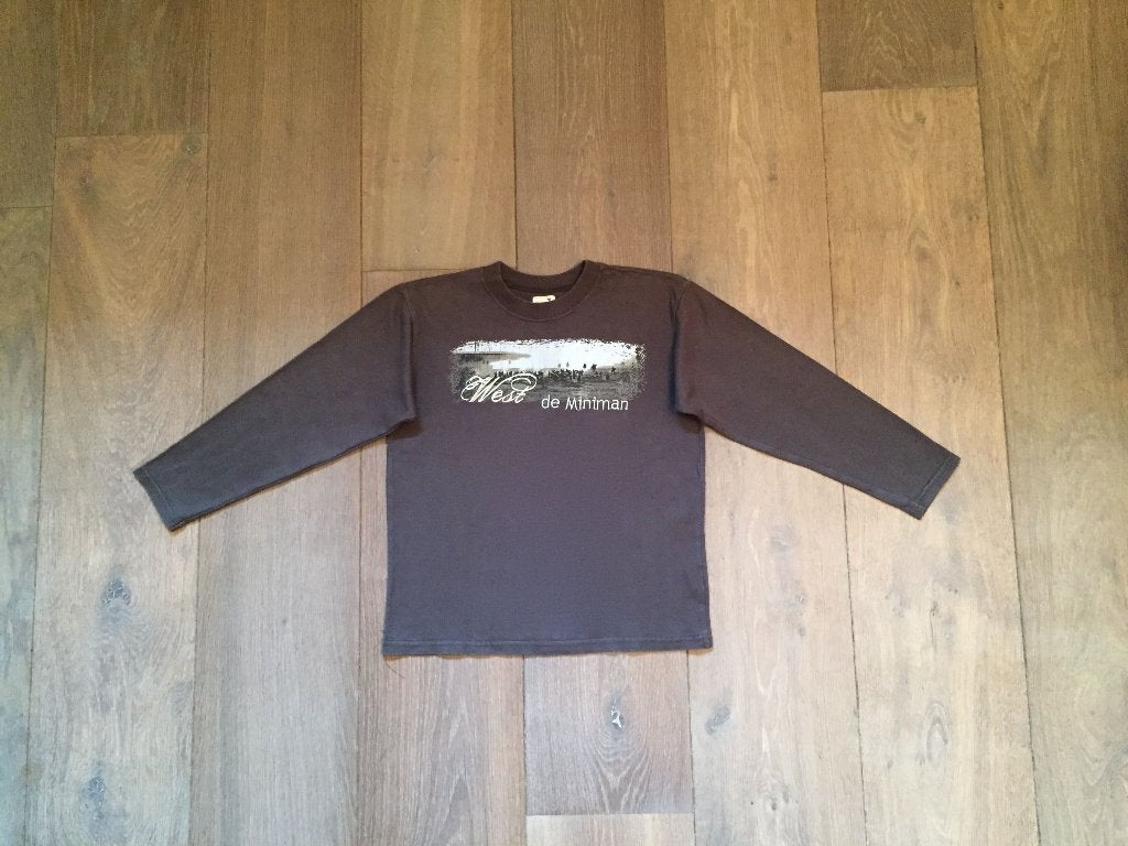 Bruine longsleeve met opdruk; Miniman; mt 134, Miniman, Gebruikt, Ophalen of Verzenden, Shirt of Longsleeve