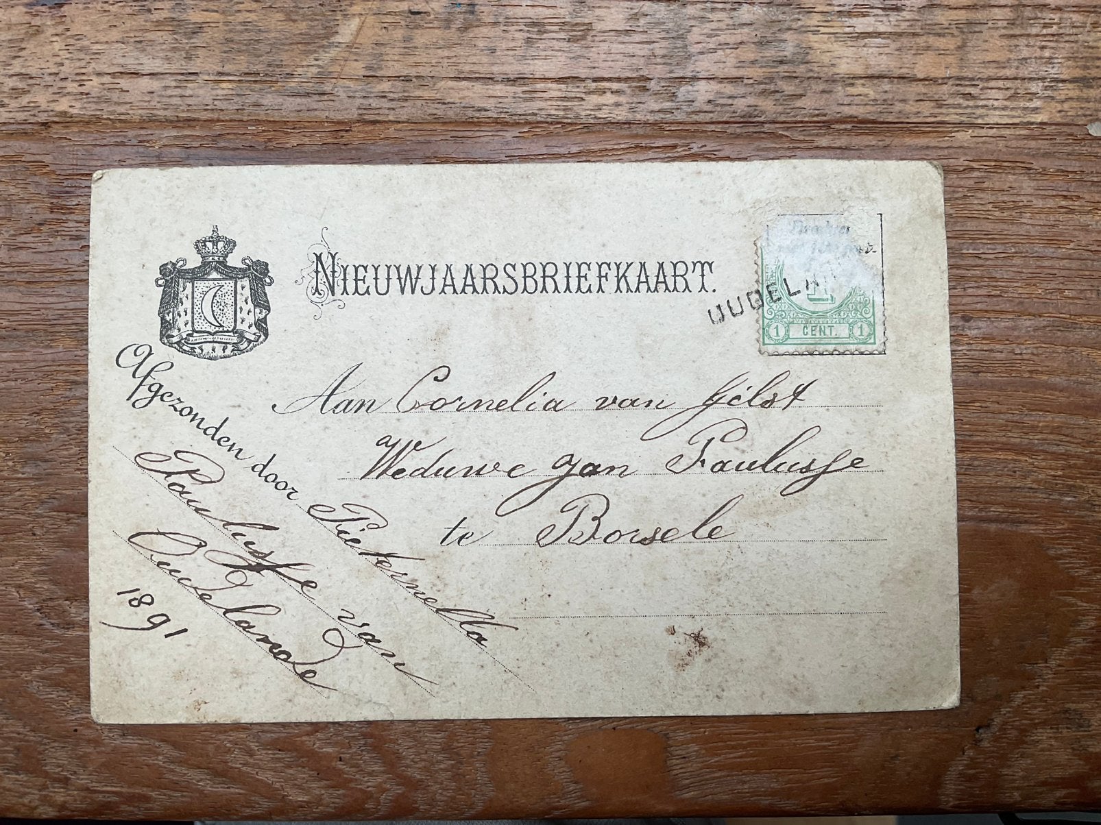 Oudelande Nieuwjaarsbriefkaart 1891, Ophalen of Verzenden, Voor 1920, Gelopen, Zeeland