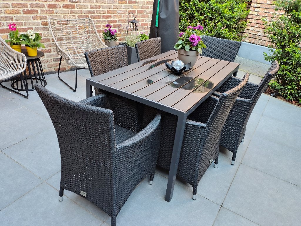 Terrastafel met zes rotan stoelen, Ophalen, Gebruikt, 6 zitplaatsen, Tuinset