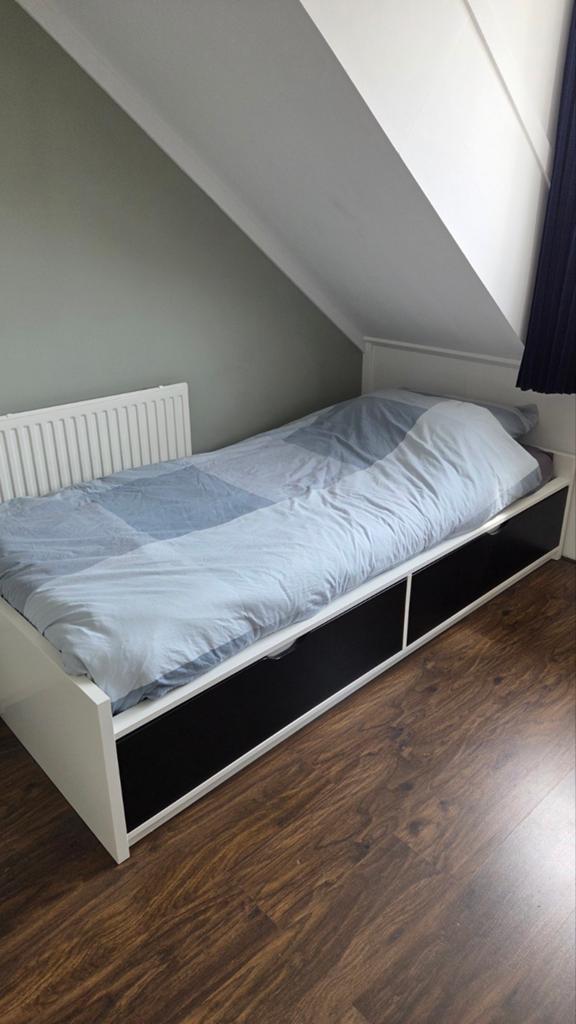 Houten bed met opbergruimte, 200x90 cm, Ophalen, 90 cm, Eenpersoons, Wit