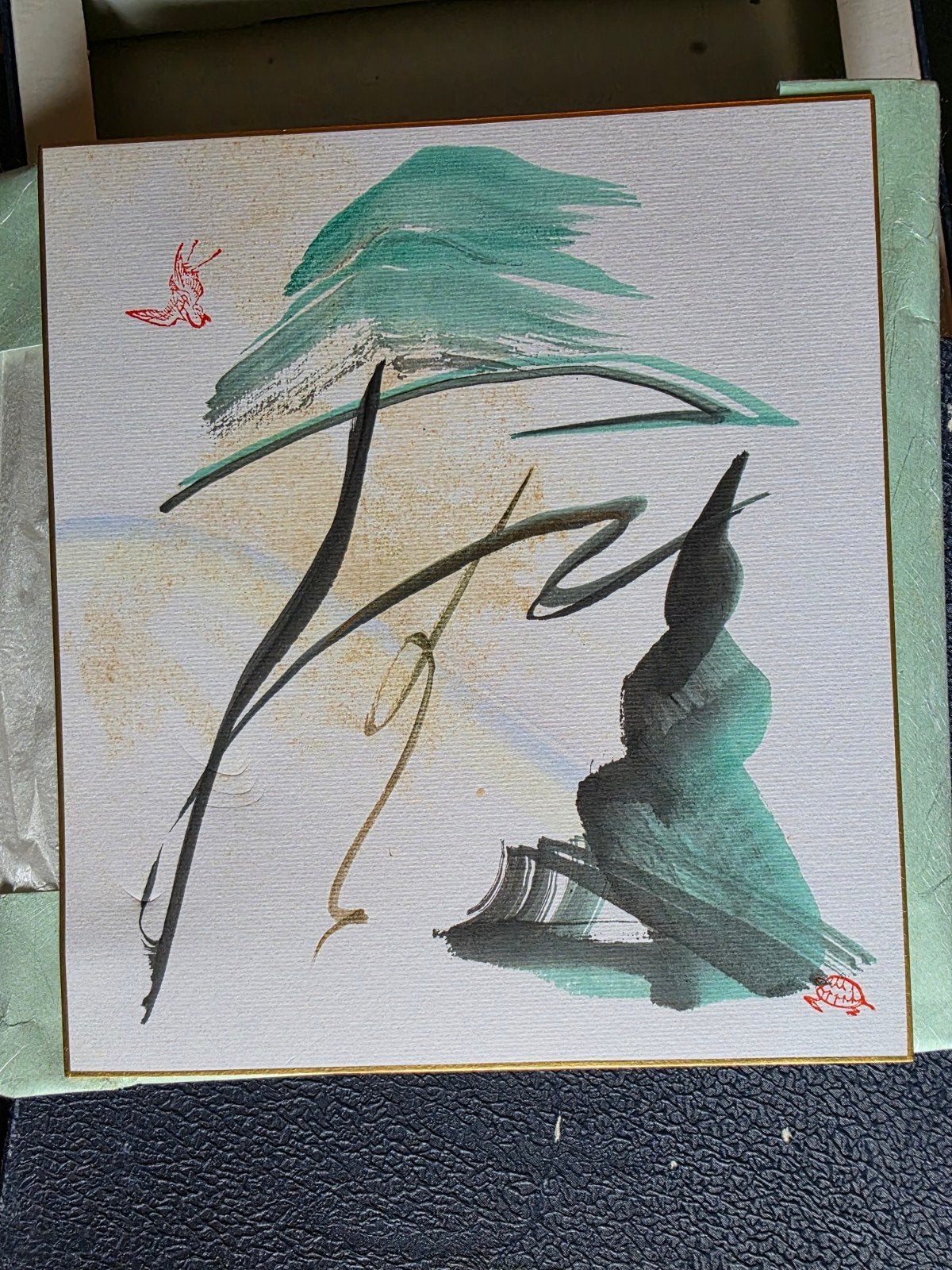 Vintage Japanse penseelschildering op shikishi, org. doos, Ophalen of Verzenden, Tekening, Overige technieken, Origineel