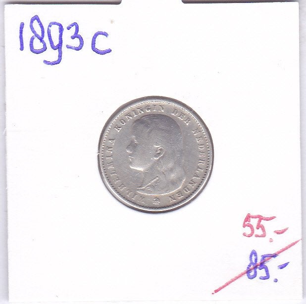 25 cent 1893 c hangend haar van 85 voor 55 euro., Zilver, 25 cent, Ophalen of Verzenden, Koningin Wilhelmina