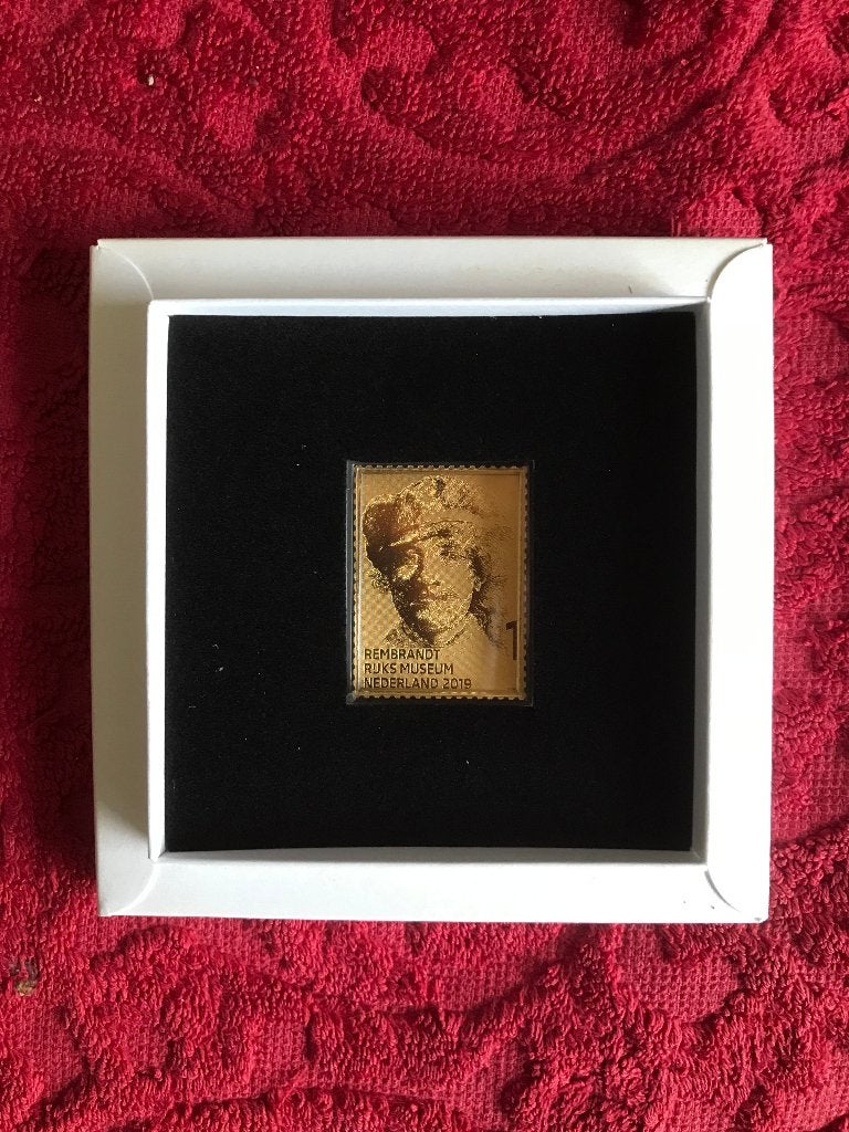 Gouden postzegel met zelfpotret van Rembrandt van Rhijn, Ophalen of Verzenden, Postfris