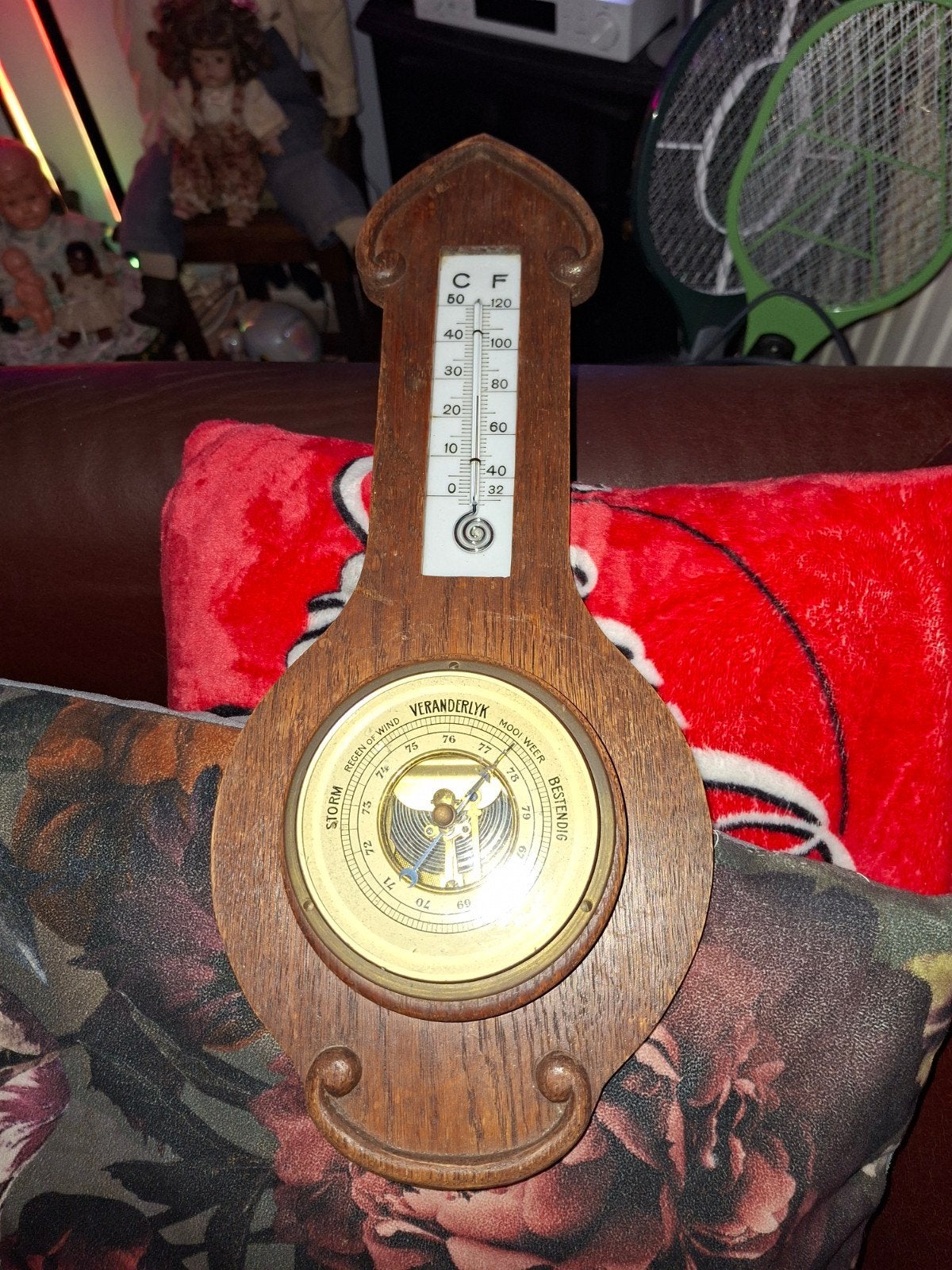 Antieke houten barometer met thermometer, Ophalen of Verzenden