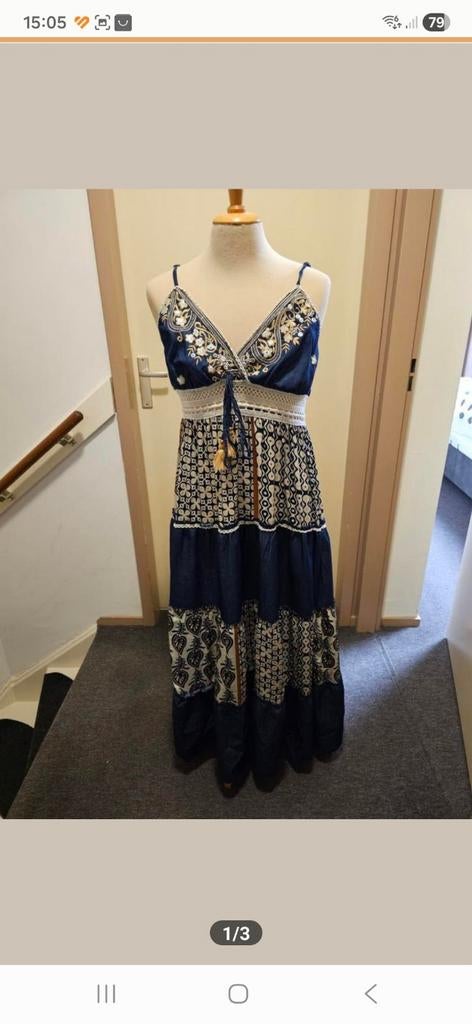 Boho Maxi Jurk met Kant en Patroon - Maat M, Blauw, Maat 42/44 (L), Ophalen of Verzenden, Onder de knie