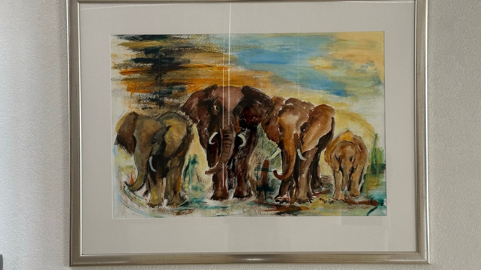 Schilderij met olifantenfamilie, aquarel, ingelijst, Antiek en Kunst, Realistisch, Dieren, Aquarel, Papier