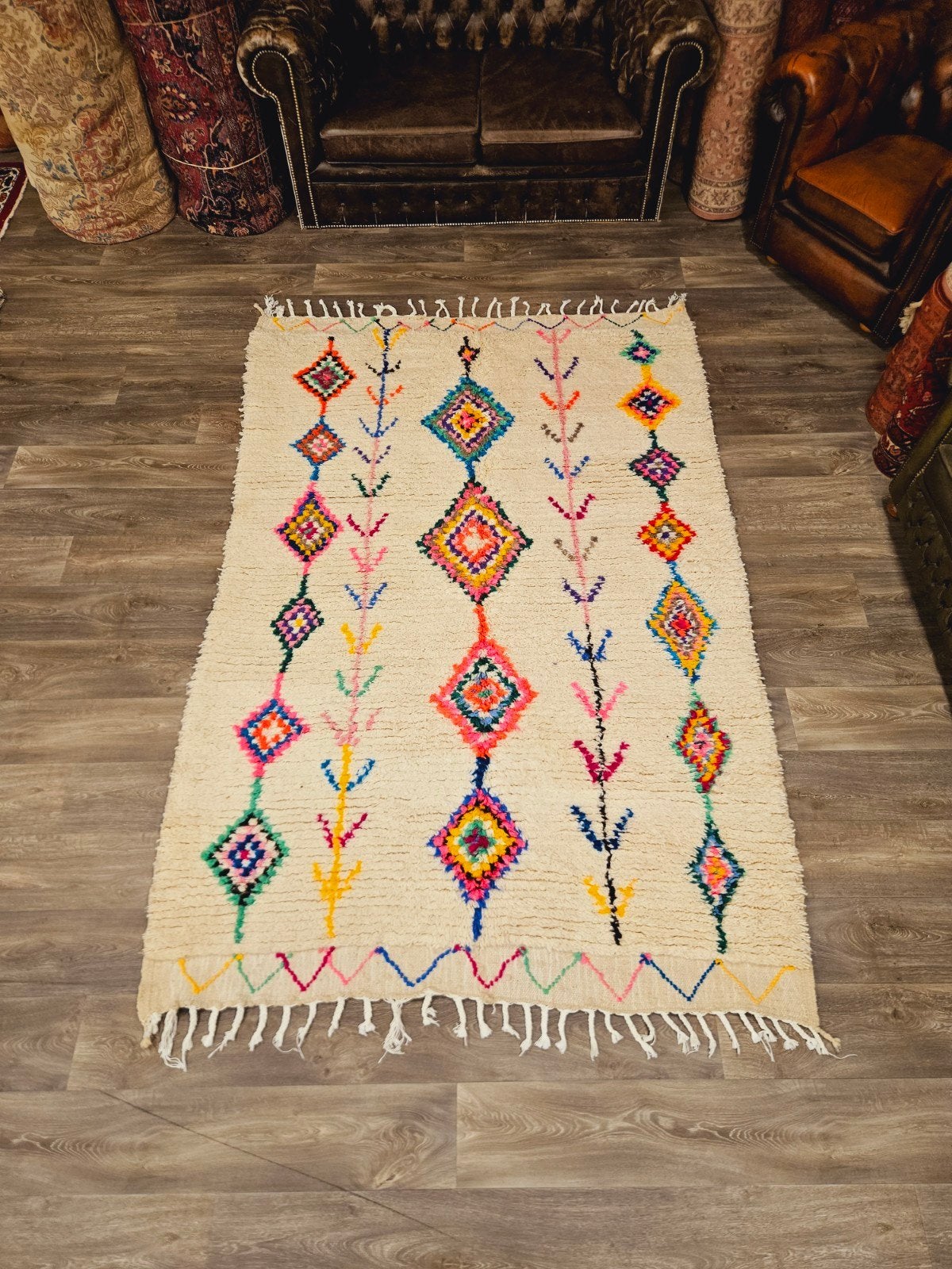 Handgeknoopt Azilal Berber Tapijt. prachtige kleuren., Huis en Inrichting, Blauw, 200 cm of meer, Ophalen of Verzenden