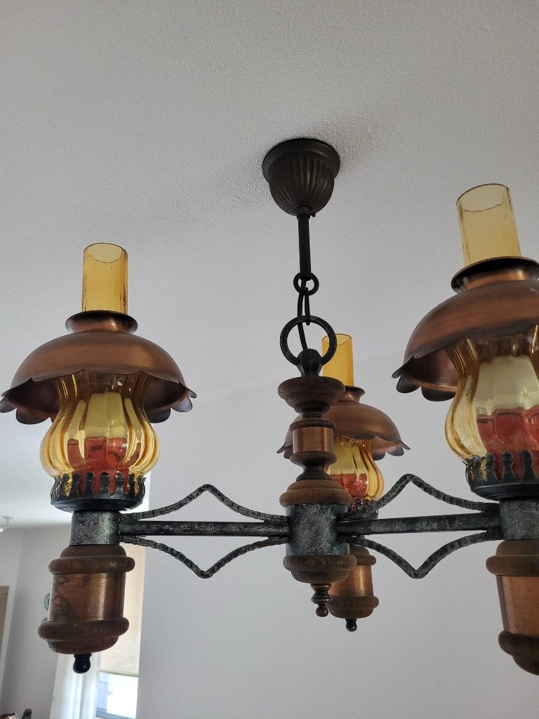 Vintage kroonluchter, Huis en Inrichting, Lampen | Kroonluchters, Gebruikt, Glas, Hout, Metaal, E27 (groot), Ophalen