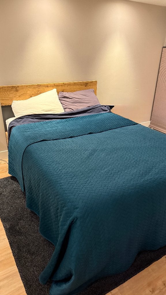 Compleet Twijfelaar Bed (Houtlook) incl. Auping & Emma, Ophalen, Gebruikt, Bruin, 140 cm