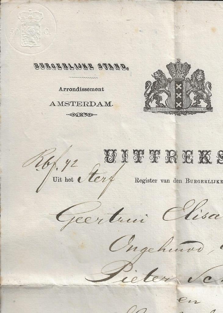 Amsterdam Overlijdensakte G E Schenk 16 juli 1846, Ophalen of Verzenden, Voor 1920, Gelopen, Noord-Holland