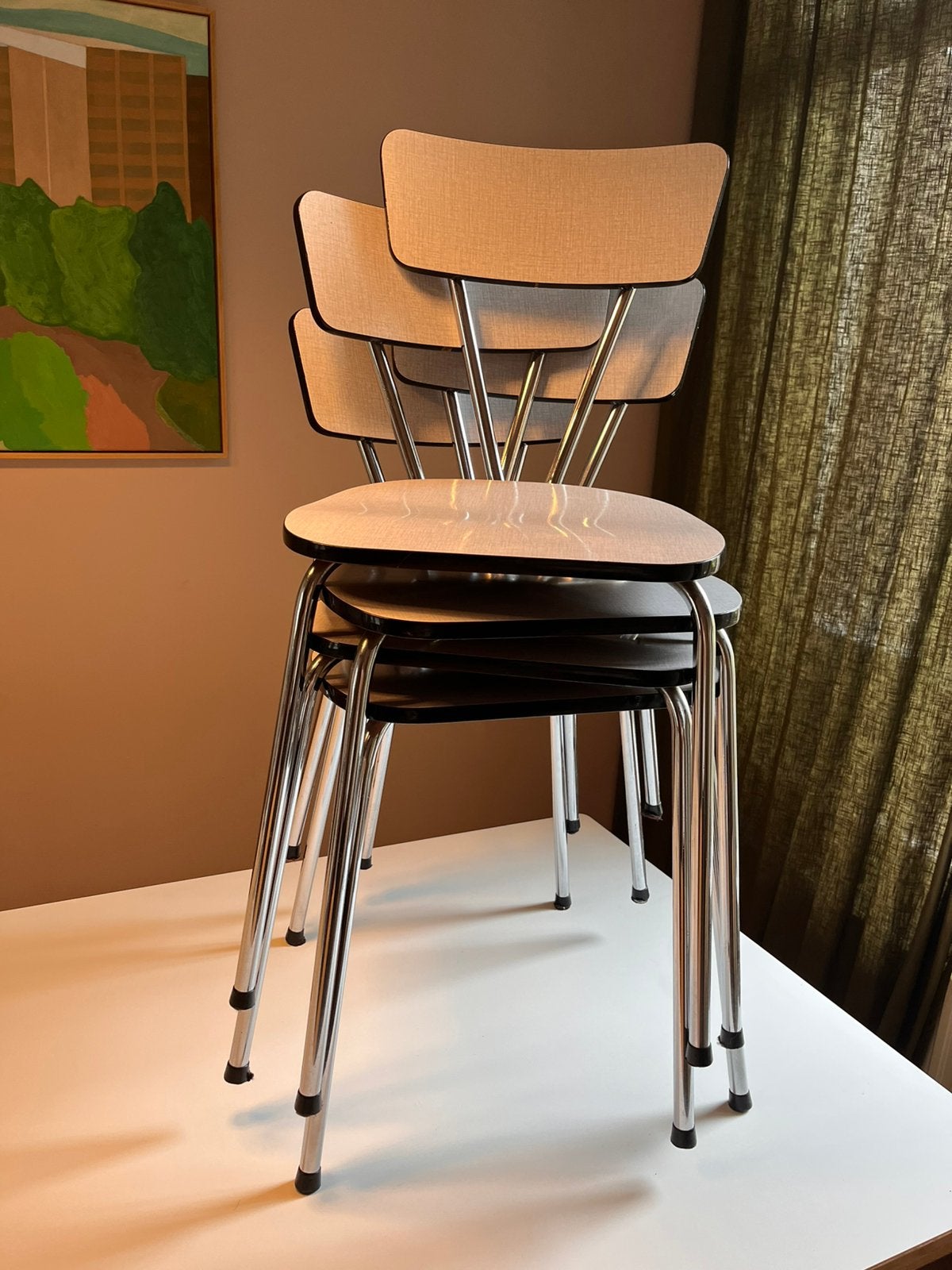 Set van 4 retro formica stoelen, grijs, Ophalen, Gebruikt, Seventies, retro, formica, Vier