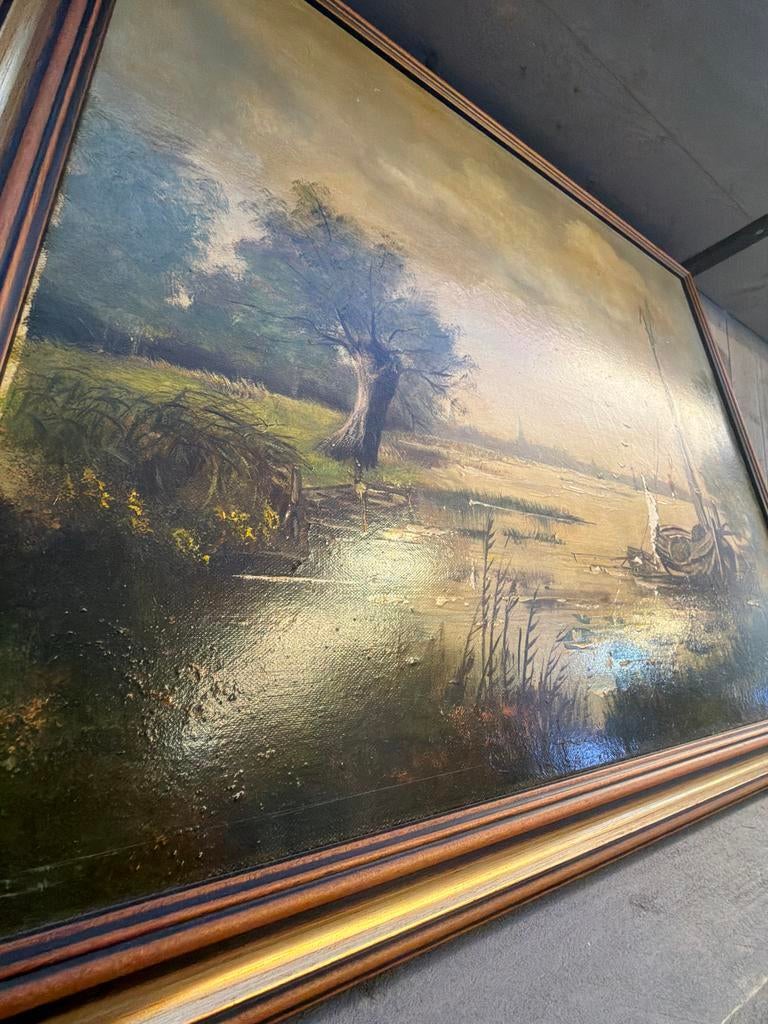 Oud Hollands Landschap Schilderij met Boot, Antiek en Kunst, Kunst | Schilderijen | Klassiek, Ophalen
