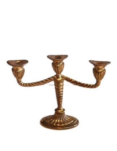 Vintage messing miniatuur Kandelaar – 3-Armig met gedraaide, Ophalen of Verzenden