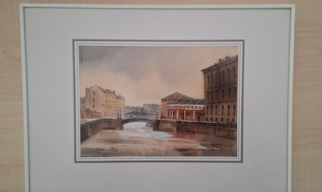 Ingelijste aquarel van een stadsgezicht aan het water, Ophalen