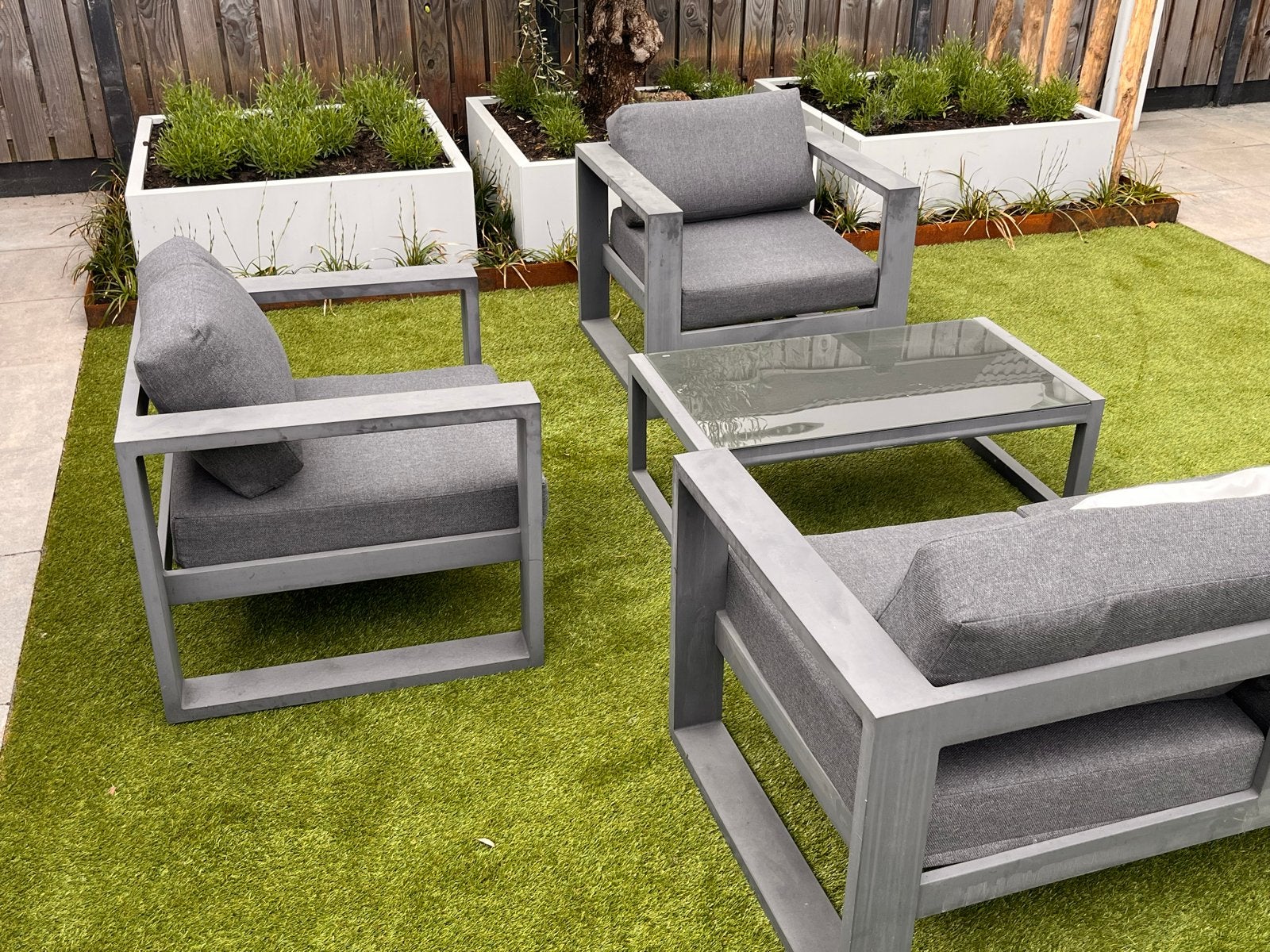 Nette aluminium loungeset met kussens, Ophalen, 4 zitplaatsen, Gebruikt, Aluminium