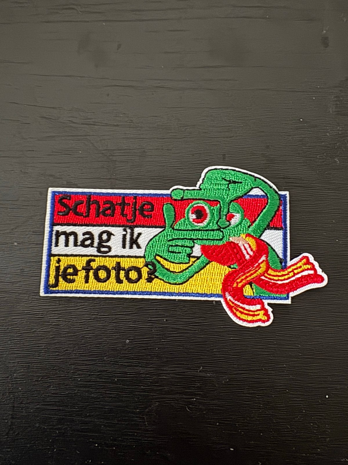 Grappige kikker patch: "Schatje, mag ik je foto?", Ophalen of Verzenden, Nieuw, Sticker
