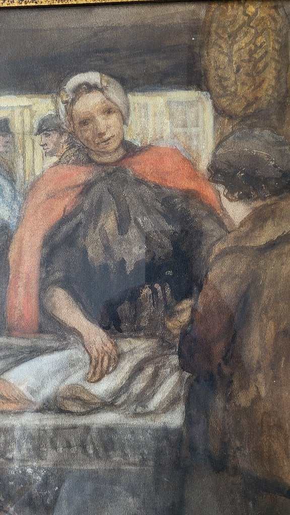 Aquarel Ko Cossaar. Markttafereel met Schev. Visverkoopster, Antiek en Kunst, Kunst | Schilderijen | Klassiek, Origineel werk