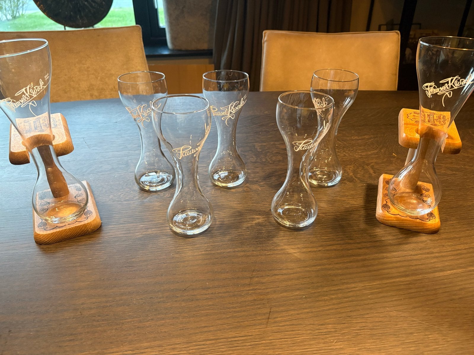 7 Pauwel Kwak bierglazen 2 met houten houders - Set van 6, Ophalen of Verzenden, Zo goed als nieuw, Glas of Glazen, Overige merken