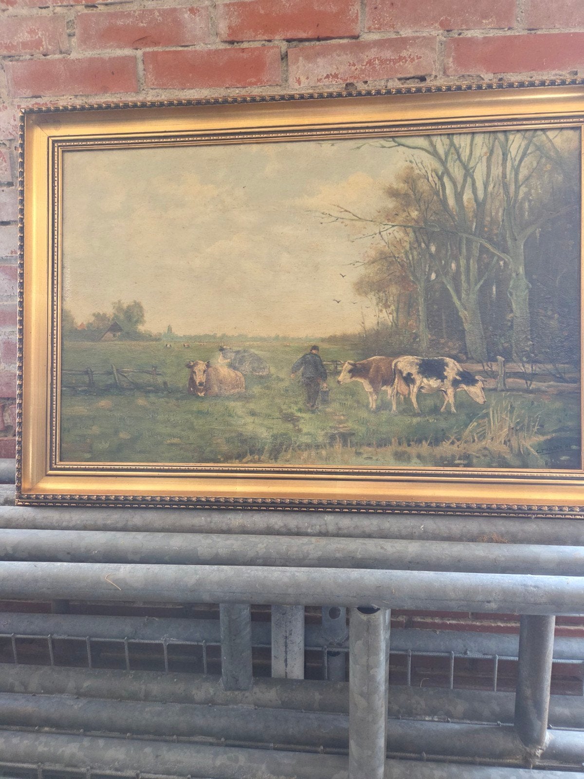 Klassiek Landschap met Herder en Koeien - Olieverf op Doek, Antiek en Kunst, Ophalen of Verzenden