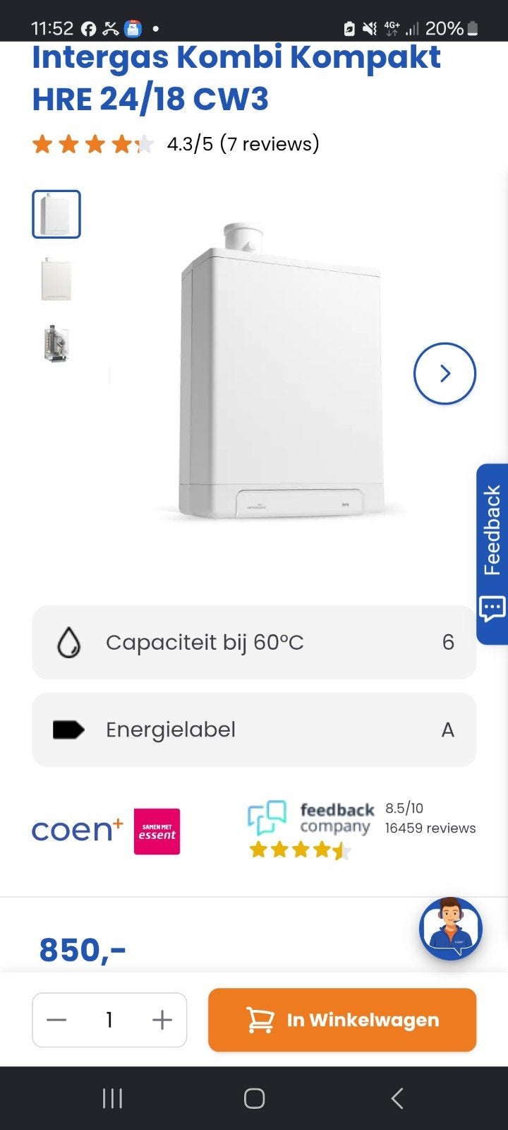 Intergas Kombi Kompakt HRE 24/18 A CV-ketel, Doe-het-zelf en Verbouw, Verwarming en Radiatoren, Ophalen, 30 tot 80 cm, Cv-ketel of Combi-ketel