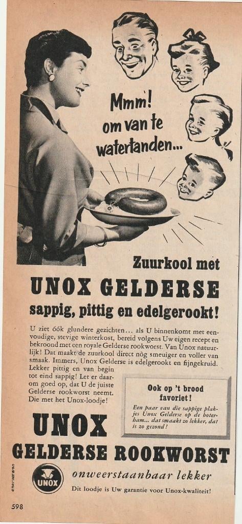 Retro reclame 1953 Unox rookworst om te watertanden, Verzenden, Overige typen