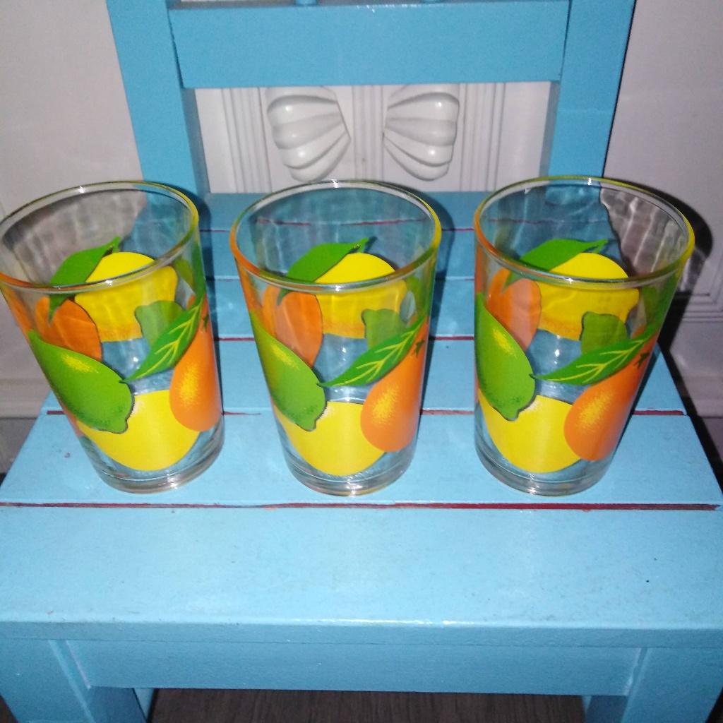 Vintage limonade glaasjes met citrusvruchten 3 stuks, Ophalen, Glas of Glazen, Gebruikt, Glas
