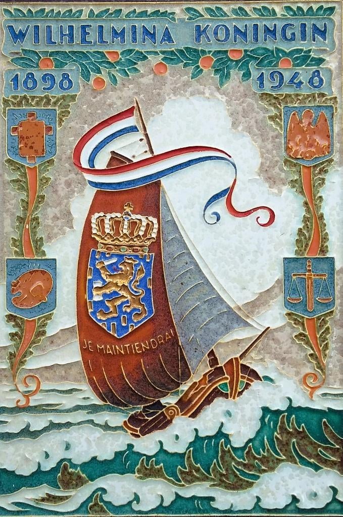 Jaar 1948 GROTE Tegel Delft Aardewerk Wilhelmina Koningin, Antiek en Kunst, Ophalen of Verzenden