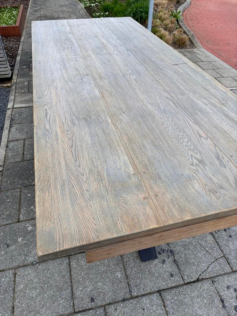 Eikenhouten tafelblad met zwarte stalen spinpoot, Huis en Inrichting, Tafels | Eettafels, Ophalen, Gebruikt, 100 tot 150 cm, Landelijk - modern