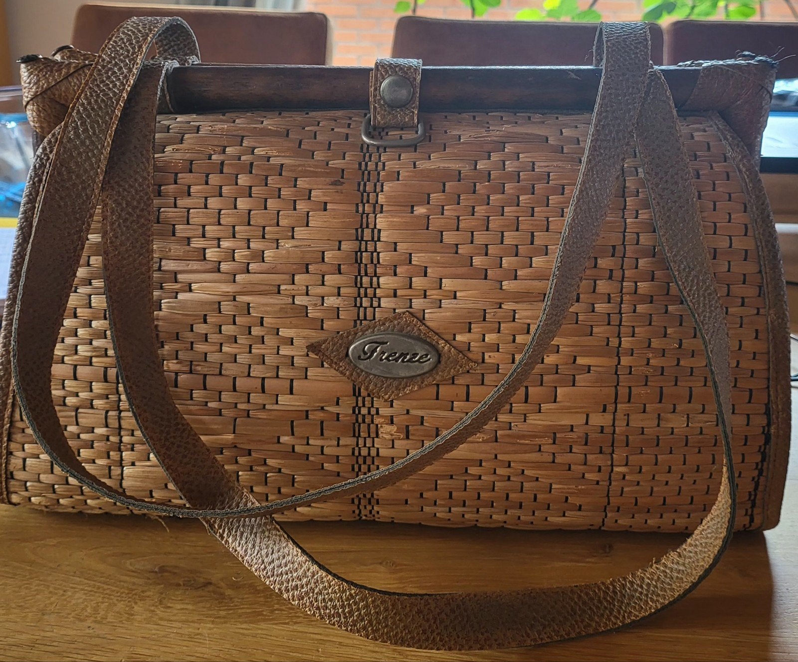 Vintage Trenze rieten/bamboe tas - Goed onderhouden, Ophalen of Verzenden, Bruin, Handtas