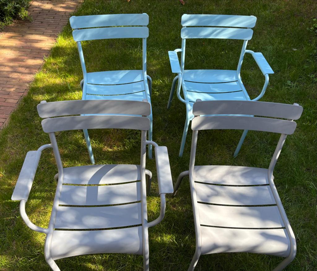 Fermob Luxembourg stoelen - 2 grijs, 2 blauw, Ophalen, Gebruikt, Aluminium, Stapelbaar