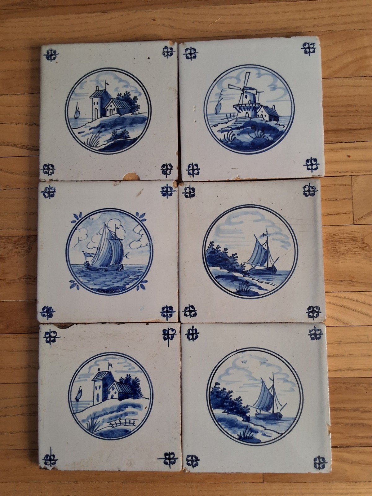 Set van 6 antieke Delfts blauwe tegels met Hollandse scènes, Ophalen