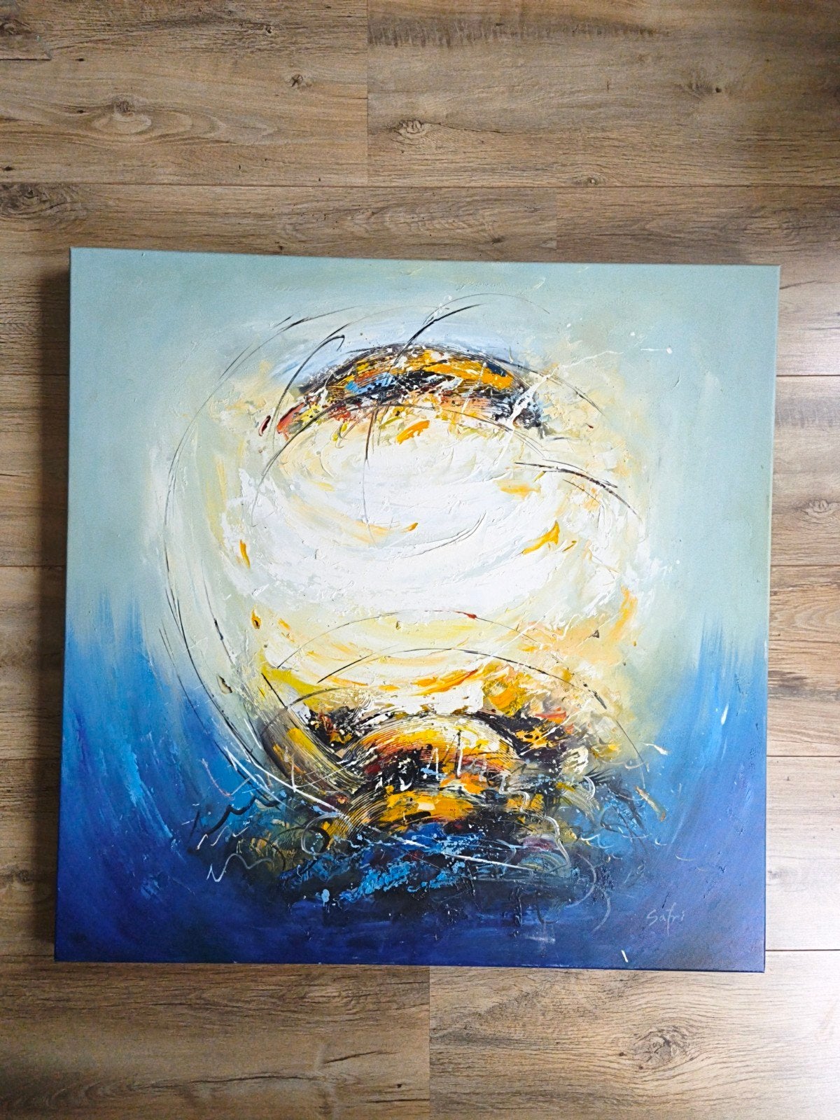 Groot abstract schilderij 100x100 cm - Gesigneerd Safri, Ophalen