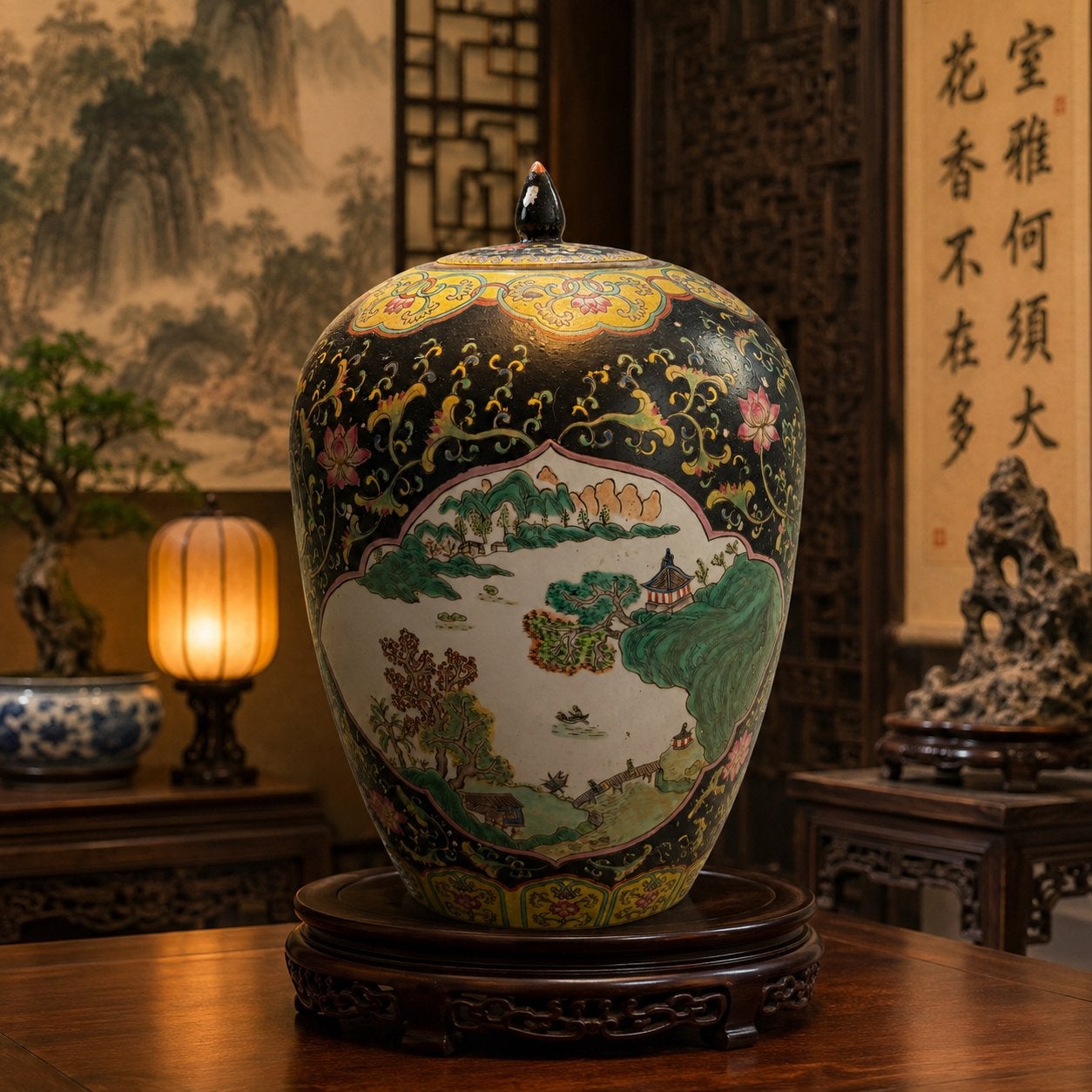 Handbeschilderde Chinese Famille noir vaas 37 centimeter, Ophalen of Verzenden