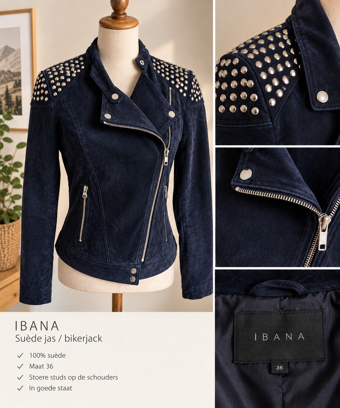 IBANA Suède Bikerjack met Studs - Maat 36, Blauw, IBANA, Ophalen of Verzenden, Zo goed als nieuw
