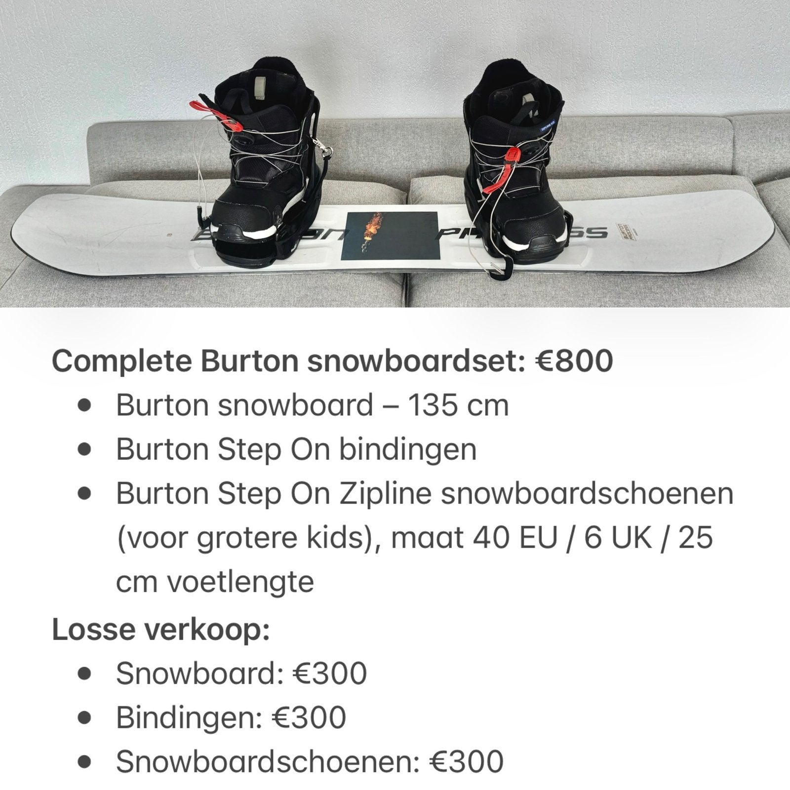 Burton snowboard 135cm,Step On bindingen, Zipline boots 40EU, Ophalen, Zo goed als nieuw, Board