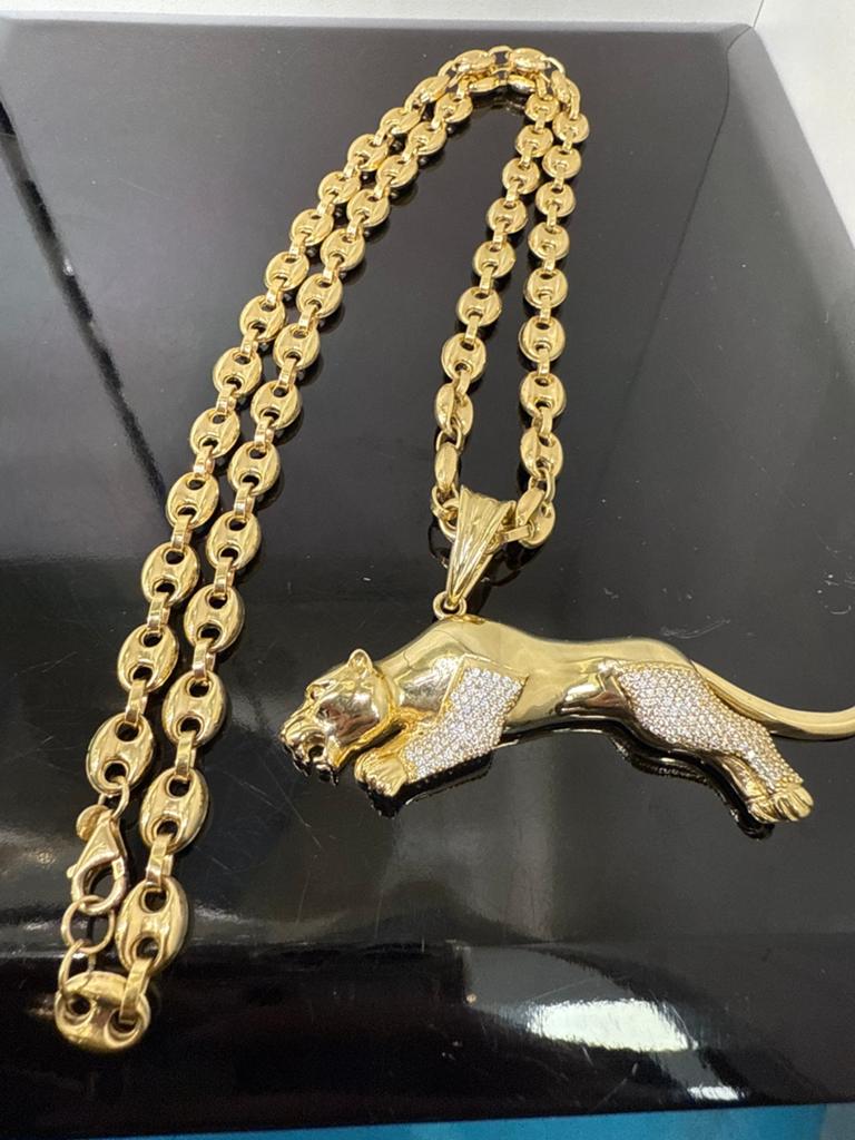 Prachtige 14k gouden koffiebonen ketting met panter hanger, Ophalen of Verzenden, Nieuw, Goud