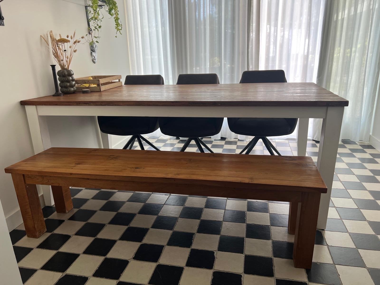 Massief houten bankje, eettafelbank, halbank, Gebruikt, Ophalen of Verzenden, Hout, Drie