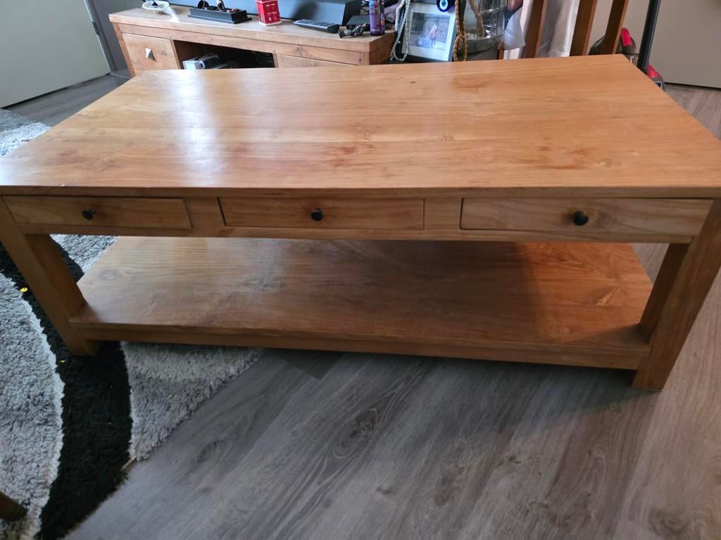 Massief houten salontafel met lades, Gebruikt, 100 tot 150 cm, Landelijk, Minder dan 50 cm