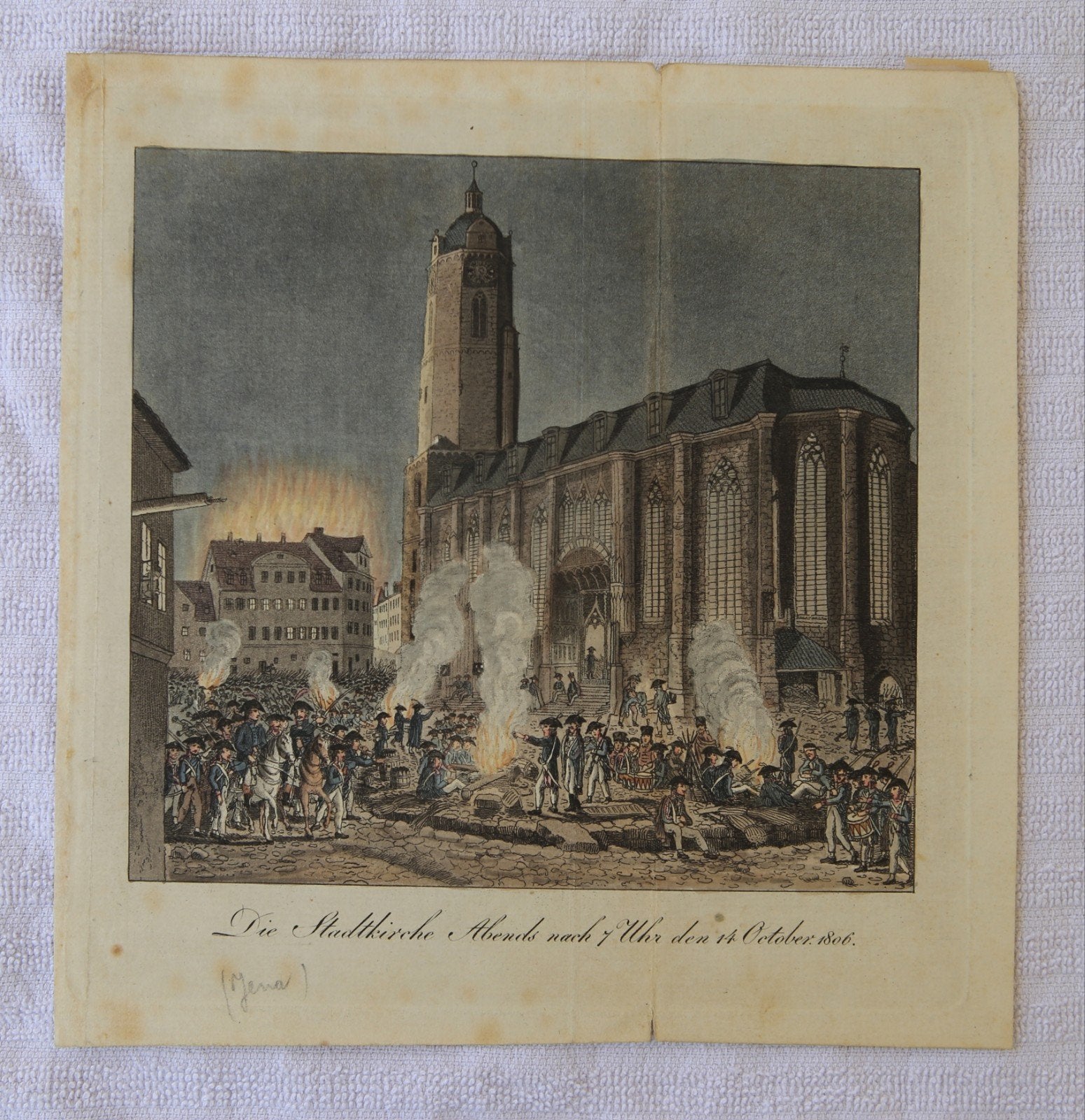 Originele handgekleurde ets Jena 1806 – J. Roux 1809, Antiek en Kunst, Handgekleurd, 1800 - 1899, Ets, Militair