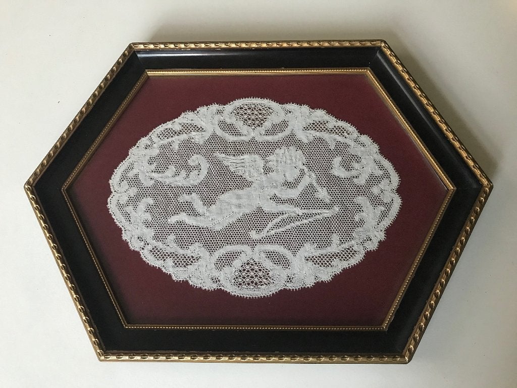 Mooie oude lijst kader achthoek met handwerk engel, Ophalen of Verzenden