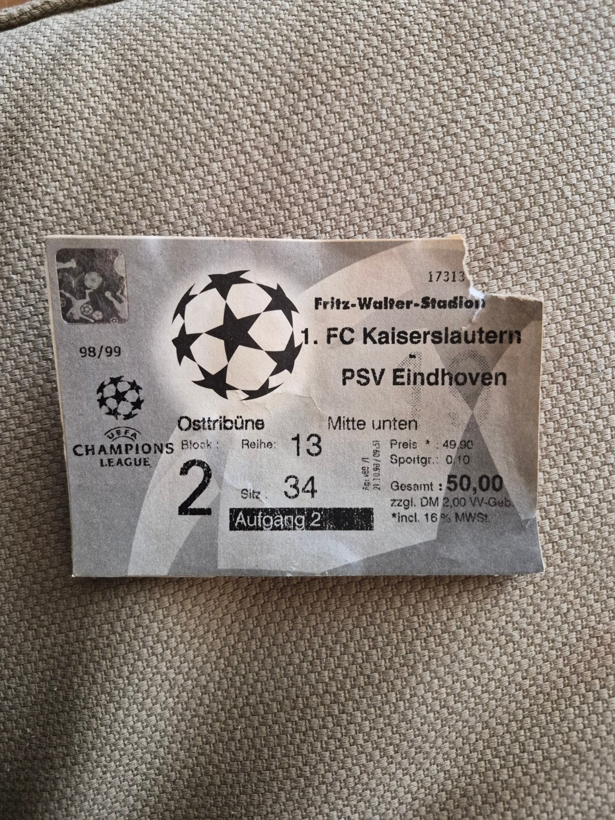 Ticket 1.FC Kaiserslautern - PSV, Verzamelen, Sportartikelen en Voetbal, Ophalen of Verzenden, Gebruikt, PSV, Overige typen