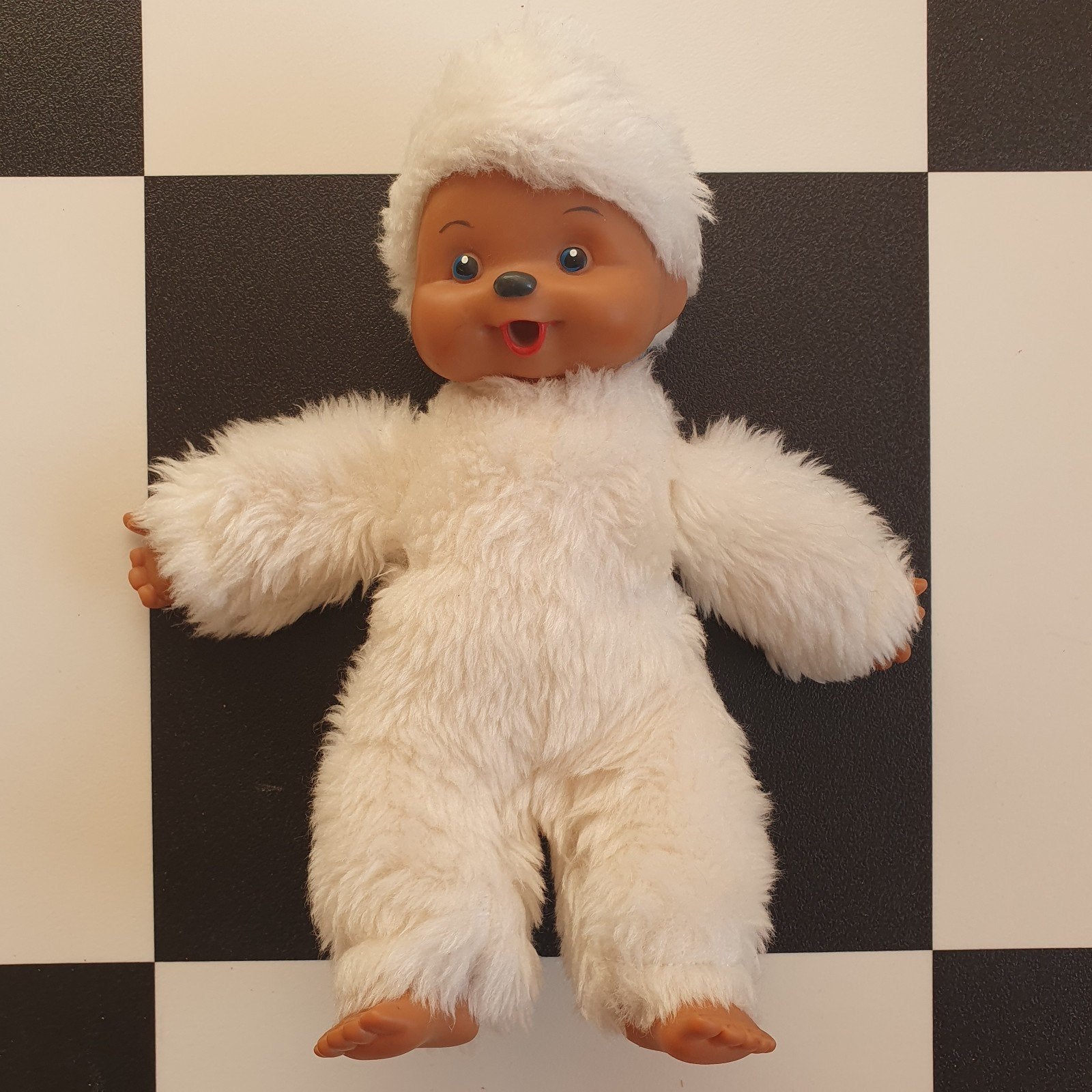 Vintage Monchhichi aapje met witte vacht jaren '70/'80, Ophalen of Verzenden, Gebruikt, Aap, Middelgroot (20 tot 80 cm)